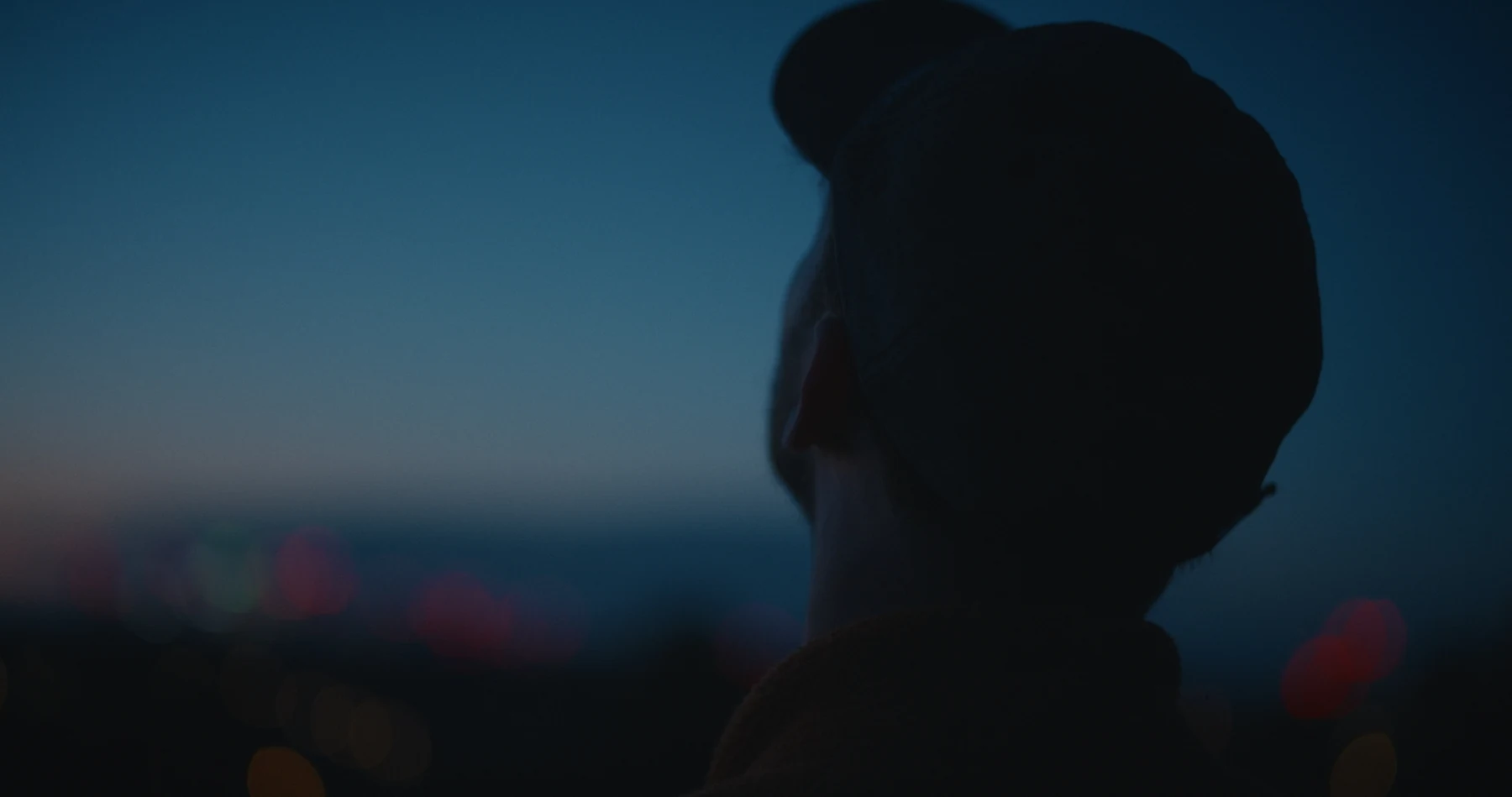 A silhouetted profile against a blue dusk sky and distant city lights