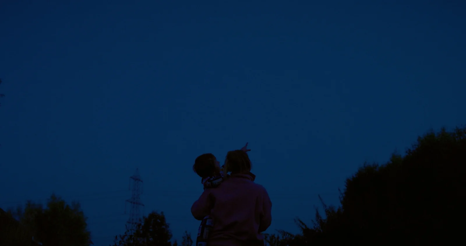 A child points into the evening sky while being held by an adult